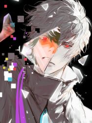  2boys black_background black_hair broken_glass clenched_teeth commentary_request glass glitch grey_hair highres houjou_emu izu_(user_tmtu7743) jacket kamen_rider kamen_rider_ex-aid_(series) limited_palette looking_at_another looking_at_viewer male_focus multiple_boys one_eye_covered parad purple_straps red_eyes short_hair sweatdrop teeth tokusatsu upper_body white_hair 