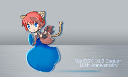  1girl animal_ears apple apple_inc. black_shorts blue_eyes chibi chibi_only commentary_request food fruit gloves grey_background jaguar-tan leopard_ears leopard_girl leopard_tail macintosh midriff original os-tan personification red_gloves red_hair sato_(esuplusesu) short_hair shorts smile solo tail 