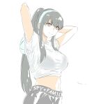  1girl arms_up bangs black_hair breasts eyebrows_behind_hair eyebrows_visible_through_hair hair_between_eyes hairband highres long_hair looking_at_viewer mitsugu ponytail red_eyes short_hair simple_background smile solo spy_x_family white_background yor_briar 