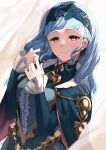  1girl bangs blue_cape blue_dress blue_hair blue_hairband blunt_bangs blush brown_eyes cape center_frills closed_mouth commentary_request curtains dress fire_emblem fire_emblem:_three_houses fire_emblem_warriors:_three_hopes frills hairband head_tilt highres lace_hairband long_hair long_sleeves looking_at_viewer marianne_von_edmund nakabayashi_zun smile solo upper_body wavy_hair white_curtains 