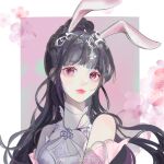  1girl animal_ears black_hair douluo_dalu dress expressionless eyebrows_visible_through_hair flower highres looking_at_viewer looking_back ponytail rabbit_ears solo upper_body xiang_chenshui_yu_milu_shenlin xiao_wu_(douluo_dalu) 