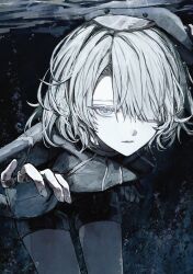  1boy absurdres air_bubble blue_eyes bubble commentary_request fingerless_gloves freminet_(genshin_impact) genshin_impact gloves hair_over_one_eye highres koumimi looking_at_viewer short_hair solo tagme underwater 