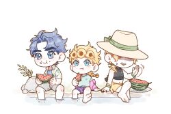  black_nails blonde_hair blue_eyes blue_hair chibi dio_brando earrings father_and_son food fruit giorno_giovanna hat holding holding_food holding_fruit holding_watermelon jewelry jojo_no_kimyou_na_bouken jonathan_joestar long_hair multiple_boys polka_dot polka_dot_hair short_hair smile summer vampire vento_aureo watermelon watermelon_slice 