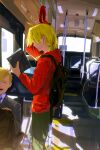  2boys adapted_costume aimitkkays alphonse_elric arm_up backpack backpack_removed bag blazer blonde_hair book braid braided_ponytail brother_and_sister bus_interior collared_shirt contemporary covered_eyes day facing_viewer fullmetal_alchemist grey_jacket hair_over_eyes hair_over_shoulder hand_grip hand_up highres holding holding_book hood hood_down hoodie jacket long_hair long_sleeves male_focus multiple_boys open_mouth out_of_frame pants profile red_hoodie seat shirt siblings single_braid sitting solo_focus standing tears winry_rockbell yawning 