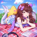  1girl absurdres book bow brown_eyes brown_hair centi_(nimu) choker dress gradient_dress hair_bow hair_ornament highres indie_virtual_youtuber long_hair nimu_(vtuber) off-shoulder_shirt off_shoulder open_book shirt smile solo star_(symbol) star_hair_ornament star_pillow thigh-highs virtual_youtuber white_legwear 