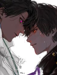  2boys black_jacket brown_hair clenched_teeth commentary_request eye_contact heads_together highres houjou_emu izu_(user_tmtu7743) jacket kamen_rider kamen_rider_ex-aid_(series) lab_coat looking_at_another male_focus mole mole_under_eye multiple_boys parad pink_eyes red_eyes short_hair sketch stethoscope_around_neck teeth tokusatsu upper_body white_background 