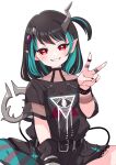  1girl absurdres bangs belt black_belt black_dress black_hair blue_hair blush commentary_request demon_girl demon_horns demon_tail dress eye_hair_ornament eye_of_providence eyebrows_visible_through_hair feet_out_of_frame flat_chest grin highres horns jewelry kino_haruc looking_at_viewer medium_hair multicolored_hair official_alternate_costume pointy_ears red_eyes ring shishio_chris simple_background smile sugar_lyric tail transparent_background two-tone_hair v virtual_youtuber 