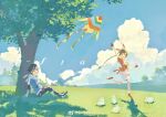  1boy 1girl absurdres animal_ears braid braided_ponytail brown_hair clouds cloudy_sky douluo_dalu grass highres kite l_starry looking_up open_mouth rabbit rabbit_ears sitting sky tree xiao_wu_(douluo_dalu) 