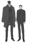  2boys alien bbbb_fex black_footwear blue_eyes dual_persona faceless formal grey_shirt height height_difference highres jacket jacket_on_shoulders limited_palette male_focus mephilas_seijin multiple_boys science_fiction shin_ultraman shirt shoes ultra_series ultraman_(1st_series) 