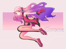 1girl bodysuit chromeos-tan commentary_request full_body gloves long_hair looking_at_viewer original os-tan personification pink_bodysuit pink_eyes pink_gloves pink_hair pink_shirt pink_theme robot_ears sato_(esuplusesu) shirt sleeveless sleeveless_shirt smile solo very_long_hair 