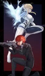  1boy 1girl artoria_pendragon_(fate) artoria_pendragon_(lancer)_(fate) braid braided_bun breasts crossover emiya_shirou fate/stay_night fate_(series) hair_bun highres large_breasts m-8_avenger mass_effect_(series) multiple_crossover n7_armor orange_hair red_hair shokobr trait_connection turtleneck 
