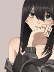  1girl absurdres bangs black_camisole black_hair black_jacket camisole closed_mouth collarbone commentary_request green_eyes grey_background hair_between_eyes highres jacket jewelry looking_at_viewer n2chi1l original ring simple_background smile solo 