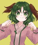  1girl animal_ears closed_mouth dog_ears dress eyebrows_visible_through_hair green_eyes green_hair highres himari_ra kasodani_kyouko long_sleeves one-hour_drawing_challenge pink_dress short_hair simple_background smile solo touhou upper_body yellow_background 