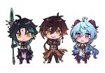  1girl 2boys asymmetrical_gloves bell black_gloves black_hair blue_hair brown_hair chibi closed_mouth coat crossed_arms detached_sleeves facial_mark forehead_mark ganyu_(genshin_impact) genshin_impact gloves gradient_hair green_hair holding holding_polearm holding_weapon horns jewelry long_hair multicolored_hair multiple_boys neck_bell polearm ponytail simple_background smile spear standing very_long_hair violet_eyes weapon white_background xiao_(genshin_impact) yoshio_(kimama) zhongli_(genshin_impact) 