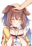  1girl :3 absurdres animal_collar animal_ears bangs blush bone_hair_ornament braid brown_hair cartoon_bone closed_eyes collar dog_ears dog_girl extra_ears hair_between_eyes hair_ornament hairclip hand_on_another&#039;s_head headpat highres hololive inugami_korone jacket long_hair low_twin_braids maroonabyss out_of_frame petting red_collar side_braids smile solo_focus twin_braids virtual_youtuber yellow_jacket 