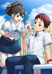  1girl angry blue_pants blue_skirt blue_socks bow breast_pocket brown_eyes brown_hair chest_bow chuo_tanegashima_high_school_uniform clenched_hand collared_shirt confident hair_between_eyes highres holding holding_tablet_pc kneehighs long_hair looking_at_another miniskirt open_collar open_mouth pants pleated_skirt pocket ponytail ponytail_with_braided_base red_eyes red_hair robotics;notes sailor_collar school_uniform senomiya_akiho serafuku shiny_eyes shirt shirt_under_shirt short_hair short_sleeves skirt smile smirk smug socks t-shirt taba_neruko tablet_pc thick_thighs thighs watch watch white_shirt yashio_kaito 