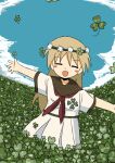  1girl :d absurdres blonde_hair closed_eyes clover clover_print day head_wreath highres kishimen_udn long_hair original outdoors outstretched_arms smile solo spread_arms 