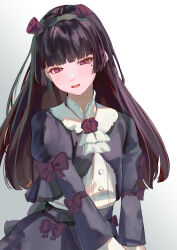  1girl black_hair black_shirt black_skirt blunt_bangs bow collared_shirt flower gokou_ruri gothic_lolita gradient_background grey_background hair_flower hair_ornament hairband highres lolita_fashion long_hair long_sleeves looking_at_viewer mole mole_under_eye open_mouth ore_no_imouto_ga_konna_ni_kawaii_wake_ga_nai purple_bow rurikon shirt shirt_under_shirt skirt solo too_many_bows violet_eyes white_shirt 
