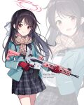  1girl ar-15 black_hair blue_jacket bow bowtie closed_mouth gloves gun hair_between_eyes hair_ornament half_updo highres jacket long_hair long_sleeves one_side_up open_mouth original red_eyes red_gloves rifle scarf school_uniform skirt smile twitter_username uniform weapon yaruwashi 