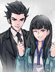  1boy 1girl black_eyes black_hair black_suit blue_jacket clenched_hands floral_background floral_print formal_clothes grey_background hands_up isonokami_tao jacket koshimizu_hayao long_hair one_eye_closed qgame shin_megami_tensei shin_megami_tensei_v short_hair smile suit upper_body 