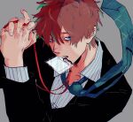  1boy amazu_(mokeketenkomori) blue_eyes formal grey_background hair_between_eyes highres holding hypnosis_mic jacket kannonzaka_doppo lanyard long_sleeves looking_at_viewer male_focus mouth_hold necktie own_hands_clasped own_hands_together redhead shirt simple_background solo striped striped_shirt suit upper_body vertical-striped_shirt vertical_stripes 