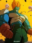  1boy android_13 android_13_(fused) blue_skin brown_gloves colored_skin dragon_ball dragon_ball_z gloves green_pants highres horang4628 korean_commentary male_focus multicolored_skin muscular muscular_male pants redhead solo topless_male yellow_eyes 
