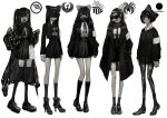  5girls :d ankle_boots armband black_coat black_legwear black_necktie black_sweater boots bow closed_mouth coat greyscale hair_bow hair_over_eyes high-waist_skirt high_heel_boots high_heels highres loafers long_hair long_sleeves looking_at_viewer mask miniskirt monochrome mouth_hold mouth_mask multiple_girls narue neck_ribbon necktie original pantyhose pleated_skirt ribbon shirt shoes simple_background skirt smile socks socks_over_pantyhose standing sweater thigh-highs torn_clothes torn_legwear twintails white_background white_necktie white_shirt zettai_ryouiki 