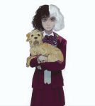  101_dalmatians 1girl animal ascot blue_eyes child closed_mouth crudelia_(movie) crudelia_demon dog highres holding holding_animal holding_dog jacket long_sleeves looking_at_viewer medium_hair mossacannibalis multicolored_hair purple_ascot purple_jacket purple_skirt simple_background skirt solo split-color_hair striped_ascot two-tone_hair white_background 