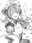  1girl :d copyright_request flat_chest greyscale gun hand_up handgun highres holding holding_tray looking_at_viewer maid_headdress monochrome nanashi_(nlo) one_eye_closed pistol smile solo star-shaped_pupils star_(symbol) symbol-shaped_pupils translation_request tray weapon white_background 