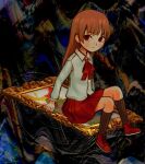  1girl abstract_background ascot black_background black_legwear blush blush_stickers brown_eyes brown_hair commentary frown full_body ib ib_(ib) io_(onisarashi) kneehighs long_hair long_sleeves looking_at_viewer painting_(object) pleated_skirt red_ascot red_footwear red_skirt shirt shoes simple_background sitting_on_painting skirt solo symbol-only_commentary white_shirt 