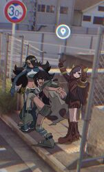  3girls courtney_(pokemon) double_v full_body google_maps google_street_view hair_over_one_eye high_school_girls_posing_for_google_street_view_(meme) highres hood horned_hood horns ida_(idalol490) long_hair looking_at_viewer meme multiple_girls photo_background pokemon pokemon_oras purple_hair shelly_(pokemon) sidewalk swept_bangs v violet_eyes zinnia_(pokemon) 