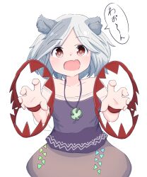  1girl absurdres animal_ear_fluff animal_ears barking bear_trap blue_hawaii_kgs claw_pose commentary fang grey_hair highres jewelry looking_at_viewer mitsugashira_enoko multicolored_hair necklace off-shoulder_shirt off_shoulder open_mouth parted_bangs pink_skirt purple_shirt reaching reaching_towards_viewer red_eyes shirt simple_background skin_fang skirt sleeveless sleeveless_shirt solo touhou translation_request two-tone_hair upper_body white_background white_hair wolf_ears wolf_girl 