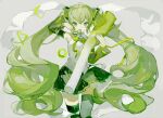  1girl bangs commentary_request detached_sleeves food green_eyes green_hair green_legwear green_ribbon green_skirt green_theme hair_tie hatsune_miku highres holding holding_food holding_spring_onion holding_vegetable kikihuihui long_hair long_sleeves neck_ribbon oversized_object pleated_skirt ribbon sidelocks skirt solo spring_onion thigh-highs twintails vegetable very_long_hair vocaloid 