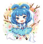  1girl :d blue_dress blue_eyes blue_hair chibi dress flower flower_request hagoromo hair_ornament hair_rings hair_stick highres kaku_seiga knees_together_feet_apart looking_at_viewer open_mouth pink_flower puffy_sleeves shawl short_hair simple_background smile solo tjen/ta touhou vest 