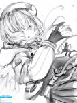  1girl amane_kanata angel_wings armband empty_eyes floating_hair gloves greyscale hand_up hat hat_pin highres hololive jacket long_sleeves miniskirt monochrome nanashi_(nlo) parted_lips partially_fingerless_gloves pleated_skirt simple_background skirt solo white_background wings 