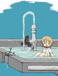  1girl :d ^_^ absurdres blonde_hair blush_stickers closed_eyes day drinking_fountain highres kishimen_udn minigirl original outdoors partially_submerged rock sitting smile solo stick water wet wet_clothes 
