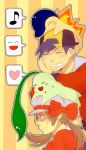  &gt;_&lt; 1boy 1girl ^_^ alternate_costume animal_on_head backwards_hat bad_id baseball_cap black_hair blush bow brown_hair cabbie_hat chikorita chin_rest closed_eyes cyndaquil gloom_(expression) gold_(pokemon) gold_(pokemon)_(remake) grin hat head_rest heart kotone_(pokemon) leaning low_twintails musical_note nintendo object_on_head open_mouth person_on_head pokemon pokemon_(creature) pokemon_(game) pokemon_gsc pokemon_heartgold_and_soulsilver seichirou short_hair smile speech_bubble spoken_face spoken_musical_note stacking sweatdrop twintails xd 