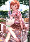  1girl :o bench blush bow bracelet brown_eyes brown_hair buckle bush buttons clothes_writing clouds fountain heart highres jewelry juice_box lamppost misaka_mikoto necklace robot short_hair sitting skirt sky solo striped swordsouls to_aru_majutsu_no_index tree 