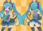  animal_ears ass bell blue_eyes blue_hair checkered checkered_background detached_sleeves hatsune_miku kemonomimi_mode microphone necktie nekomimi panties shimapan skirt striped striped_panties tail tail_bell thigh-highs thighhighs turnaround twintails underwear vocaloid 