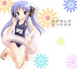  1girl blue_eyes blush breasts cleavage collarbone embarrassed flower hair_ribbon hiiragi_kagami innertube knees_touching long_hair lucky_star mound_of_venus namamo_nanase name_tag one-piece_swimsuit purple_hair ribbon sandals school_swimsuit solo sweat swimsuit swimsuit translated tsurime twintails 