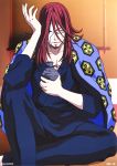  1boy bottle cross_marian d.gray-man facial_hair glasses goatee hair_between_eyes japanese_clothes long_hair male mask official_art red_hair sitting smirk solo 