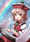  1girl :d bangs blue_background blush brown_eyes brown_hair eyebrows_visible_through_hair frilled_shirt_collar frills hair_between_eyes hat highres instrument juliet_sleeves keyboard_(instrument) long_sleeves looking_at_viewer lyrica_prismriver open_mouth puffy_sleeves rainbow red_skirt red_vest ruu_(tksymkw) shirt short_hair skirt smile solo touhou upper_body vest white_shirt 