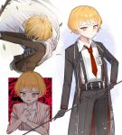  1boy belt black_coat blonde_hair branch coat highres holding holding_weapon id_card jacket leaf limbus_company long_coat love_mintchoco necktie pants project_moon red_necktie shaded_face shirt short_hair sinclair_(limbus_company) striped striped_jacket suspenders weapon white_background white_shirt yellow_eyes 