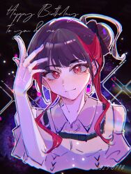  1girl arm_up aspire_(love_live!) black_hair closed_mouth collared_shirt commentary_request dated fingernails hair_bun happy_birthday highres looking_at_viewer love_live! love_live!_superstar!! moben multicolored_hair real_life red_eyes red_hair shirt short_hair_with_long_locks single_hair_bun solo two-tone_hair upper_body voice_actor yabushima_akane 