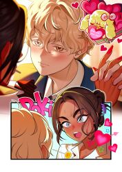  1boy 1girl alien_stage animalization arrow_through_heart blue_jacket blush candy claw_hair_clip collared_shirt colored_eyelashes commentary_request food grey_eyes hair_ornament hairclip heart hetero highres holding_hands hyuna_(alien_stage) jacket lollipop luka_(alien_stage) ninoude_(yt7lkhimeo6t7lv) official_alternate_costume open_mouth person_and_animalization rabbit red_nails school_uniform shirt star_(symbol) white_shirt yellow_eyes 