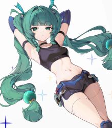  1girl armpits arms_up dark_green_hair long_hair qingyi_(zenless_zone_zero) twintails zenless_zone_zero 