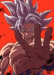  1boy abs arm_at_side ashes bangs black_outline blurry closed_mouth depth_of_field dragon_ball dragon_ball_super dragon_ball_z frown grey_eyes highres liedein looking_at_viewer male_focus messy_hair muscular muscular_male orange_background outline outstretched_hand pants parted_bangs pectorals reaching_out serious signature simple_background son_goku spiky_hair topless_male torn_clothes torn_pants ultra_instinct upper_body white_hair 