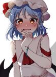  1girl bangs black_wings blue_hair blush collared_shirt eringi_(rmrafrn) eyebrows_visible_through_hair fang frilled_shirt frills hand_up hat highres looking_at_viewer mob_cap nail_polish nose_blush parted_lips red_eyes red_nails remilia_scarlet shirt simple_background sleeveless sleeveless_shirt solo touhou white_background white_headwear white_shirt wings 