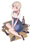  1girl black_footwear black_legwear blonde_hair blue_eyes blush bottle closed_mouth collarbone dirndl eyebrows_visible_through_hair german_clothes kantai_collection long_hair one-hour_drawing_challenge shin&#039;you_(kancolle) shirt shoes short_sleeves solo white_shirt yamashichi_(mtseven) 