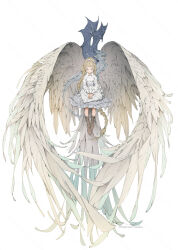 1girl blonde_hair blunt_bangs boots brown_boots creature demizu_posuka dress feathered_wings grey_eyes grey_hairband hairband highres long_braid long_hair looking_at_viewer midair original oversized_wings simple_background solo very_long_hair white_background white_dress white_wings wings 